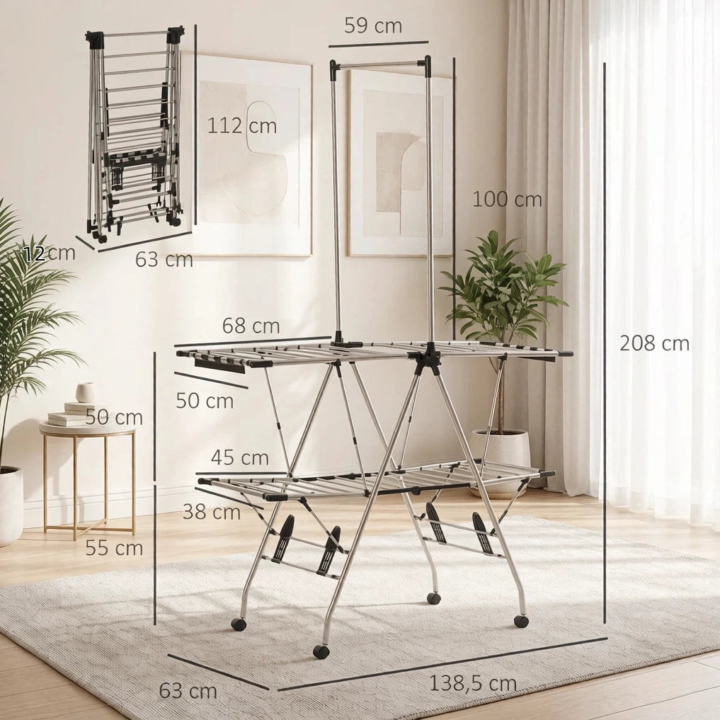 Stendibiancheria 138,5x63x208 cm nero e argento in acciaio e PP con ruote