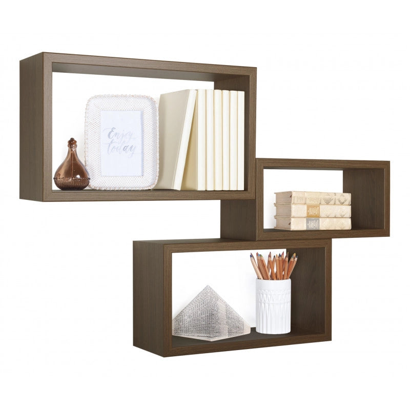 Set di 3 Mensole da Muro, Libreria Sospesa, Libreria Parete, Rovere Tabacco, 45x27 p15,5 cm, 40x22 p15,5 cm e 35x17 p15,5 cm - Trittico