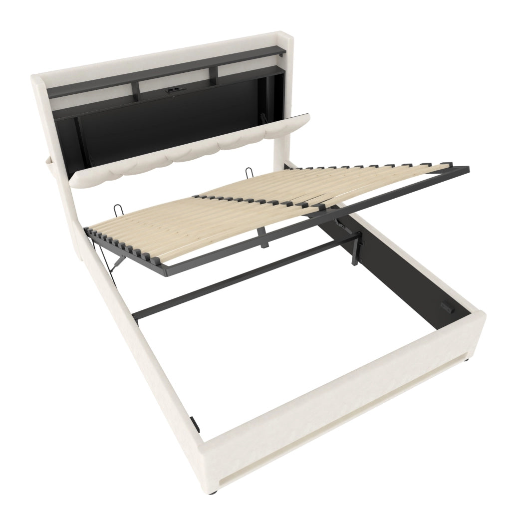 Letto matrimoniale 160x200 in velluto beige con contenitore, luci LED e ricarica USB tipo C