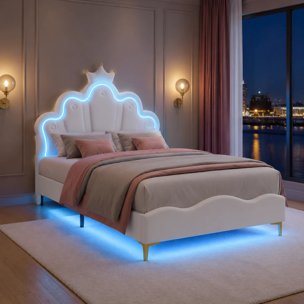 Letto Singolo bambina Imbottito 90x200cm con LED;Letto Principessa Bambina con Testiera a Corona in Pelle PU e Rete a Doghe;Bianco;senza materasso