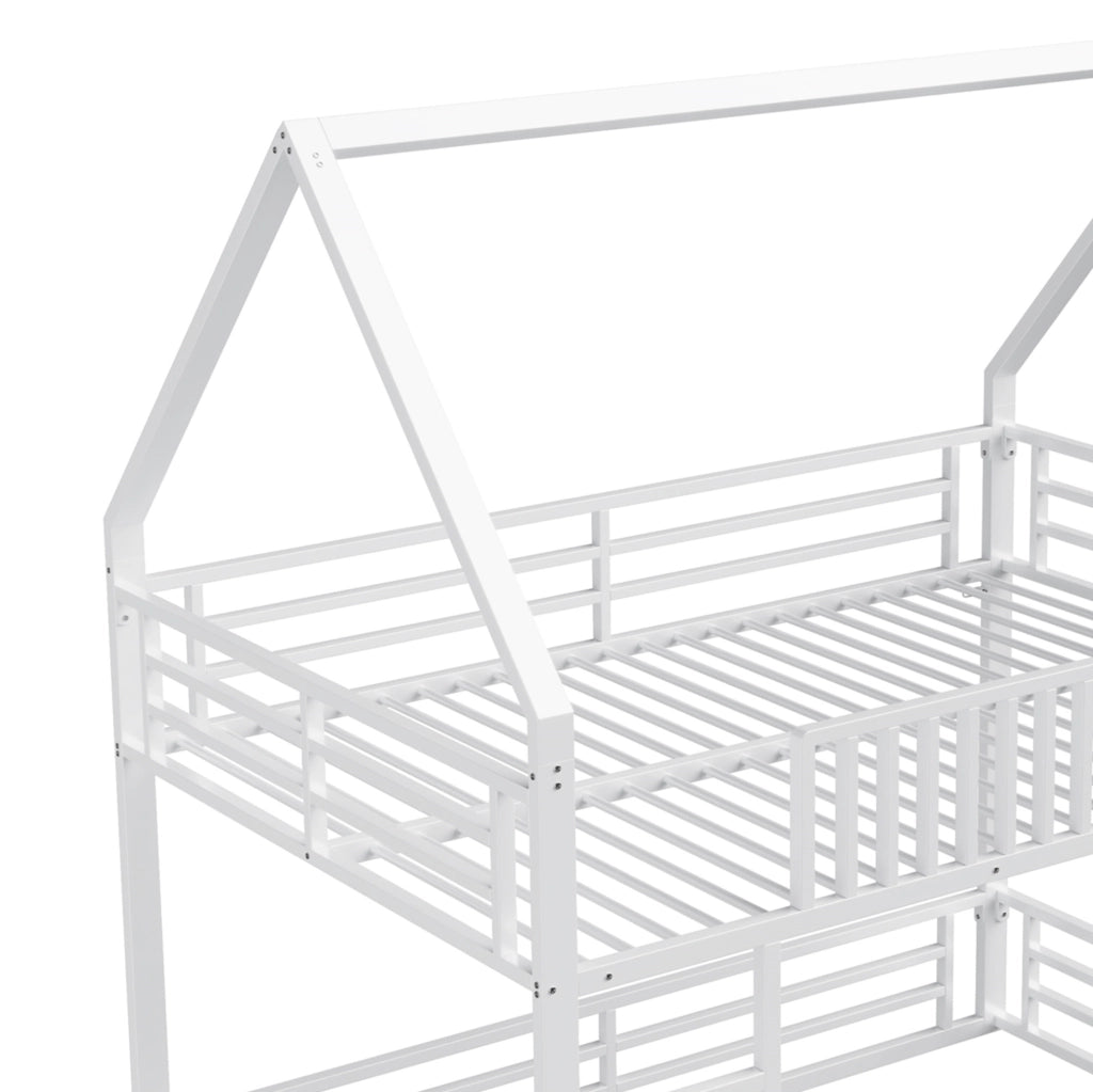 Letto a Castello Bianco 140x200 con Struttura a Casa, Sponda di Sicurezza e Luce LED