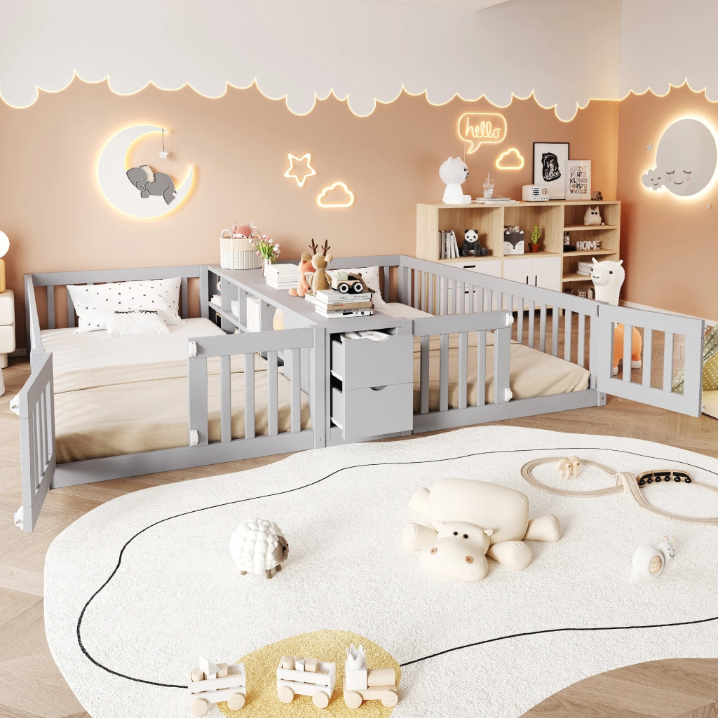 Letto per bambini 2 posti 90 × 200 cm con cassetti, ripiani centrali e sponde alte, senza materasso, grigio