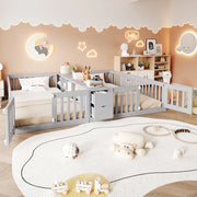 Letto per bambini 2 posti 90 × 200 cm con cassetti, ripiani centrali e sponde alte, senza materasso, grigio