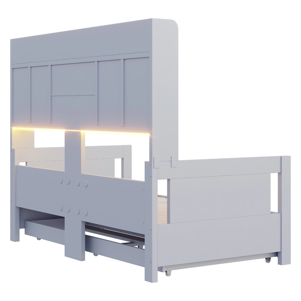 Letto estraibile in legno grigio con cassetti vani contenitore prese integrate e illuminazione LED