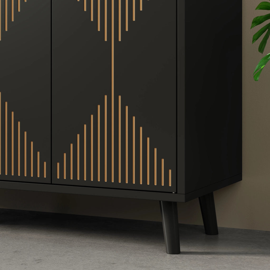 Credenza con 4 ante; ripiani regolabili e vano aperto in MDF nera per soggiorno 140 × 40 × 84 cm