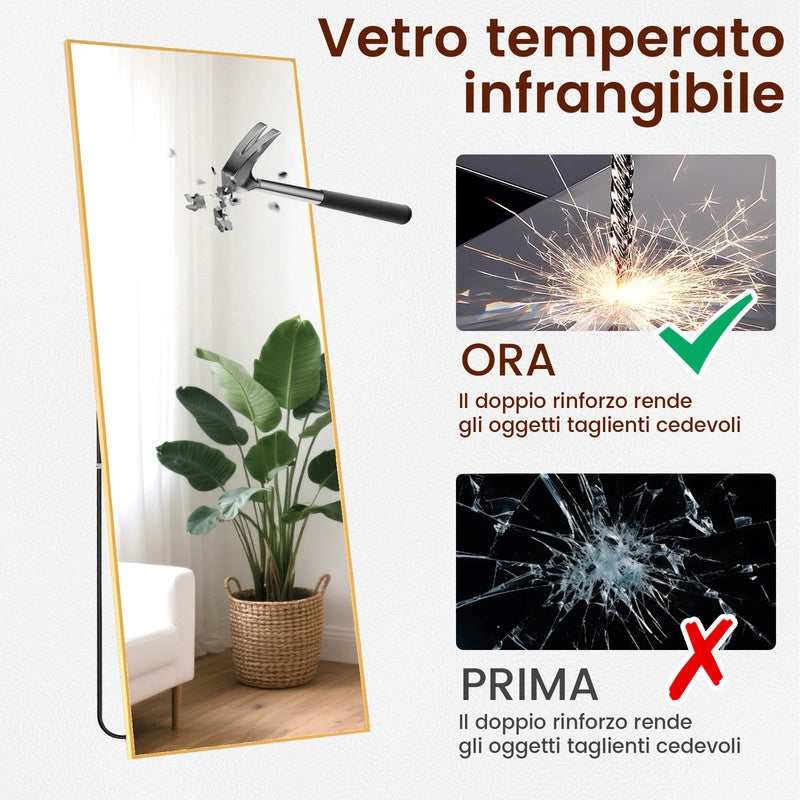 Specchio a figura intera, 162 x 52 cm,specchio da terra con supporto, specchio rettangolare a figura intera oro, autoportante o da appoggio