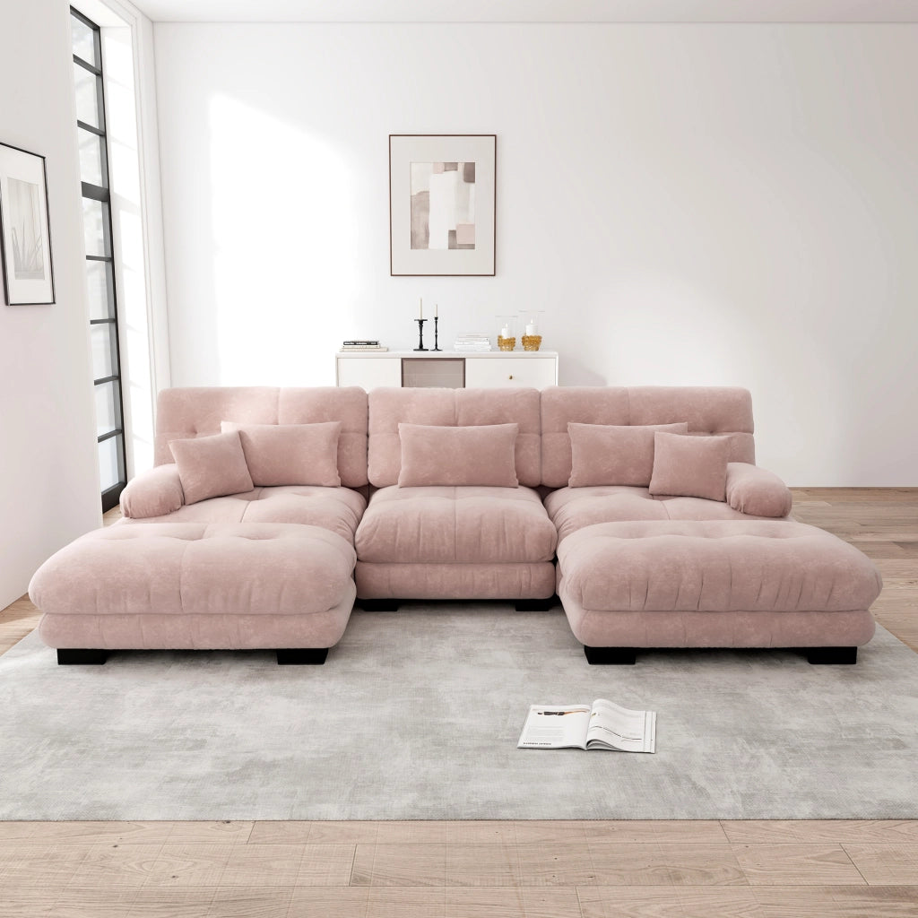 Divano modulare in ciniglia rosa con ottomane mobili; 313×145×81 cm