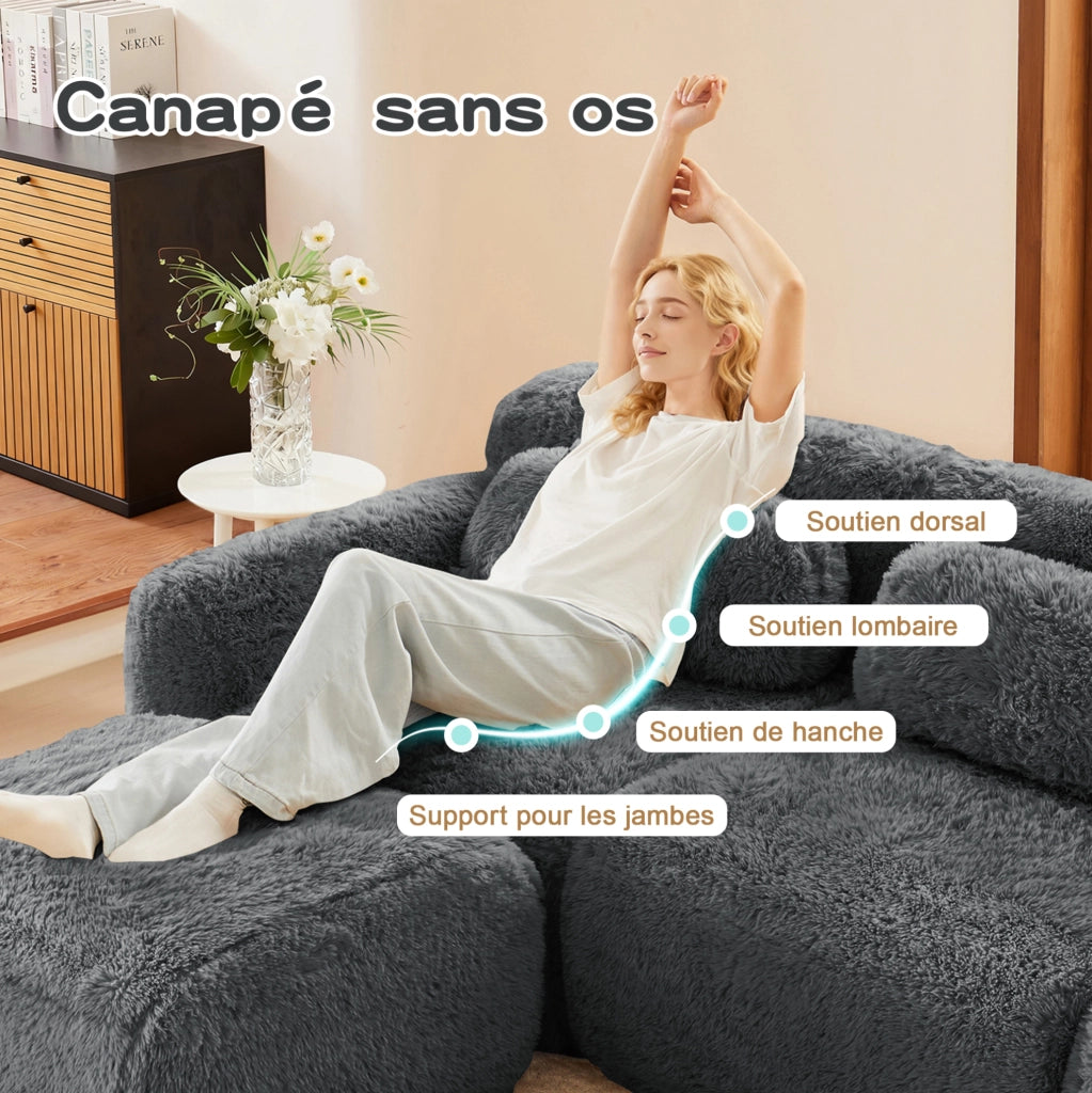 Divano modulare a forma di U in tessuto di peluche grigio, senza montaggio, con base antiscivolo e cuscini
