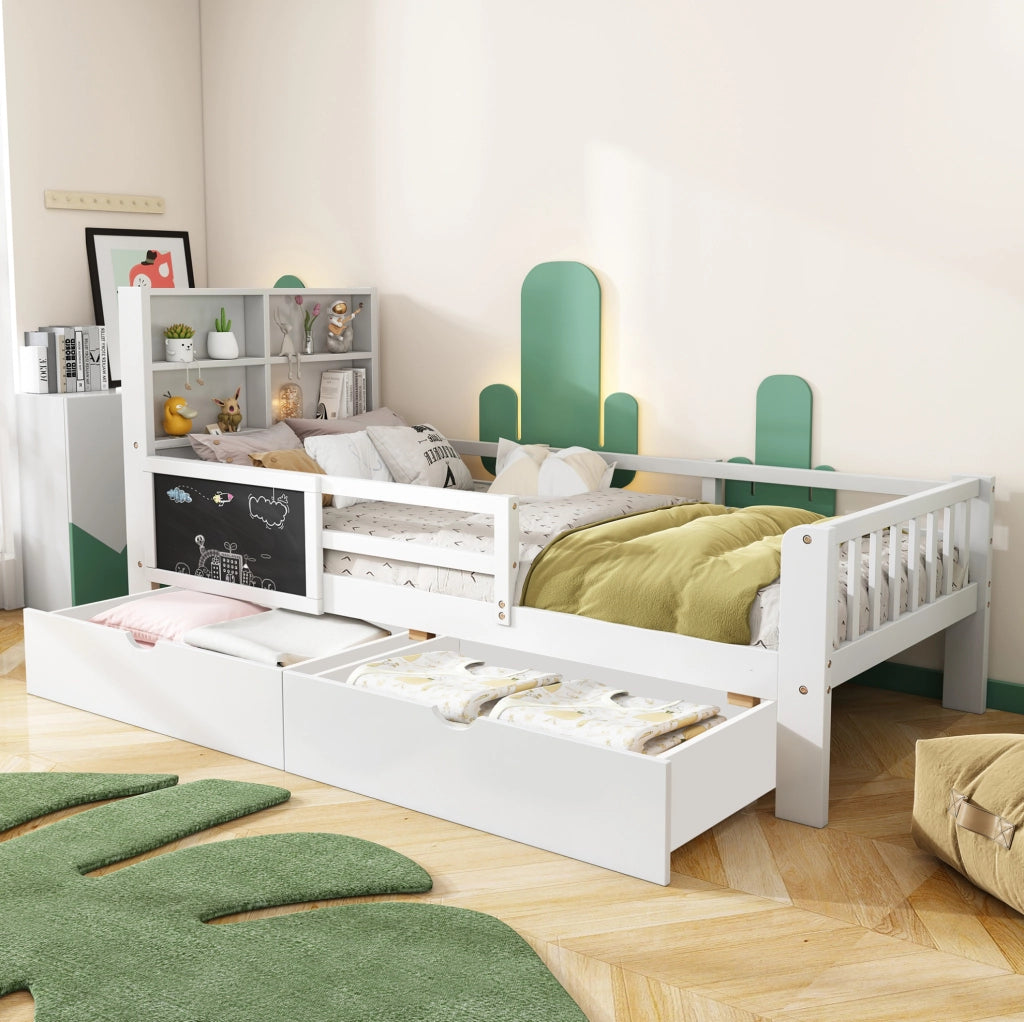 Letto bambini multifunzione in legno bianco 90x200 cm con cassetti e lavagna, senza materasso