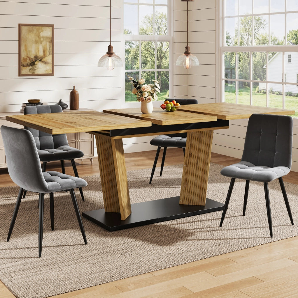 Tavolo da pranzo allungabile ULEVR 120-160x80 cm in MDF color rovere, base a doppia colonna e piedini regolabili