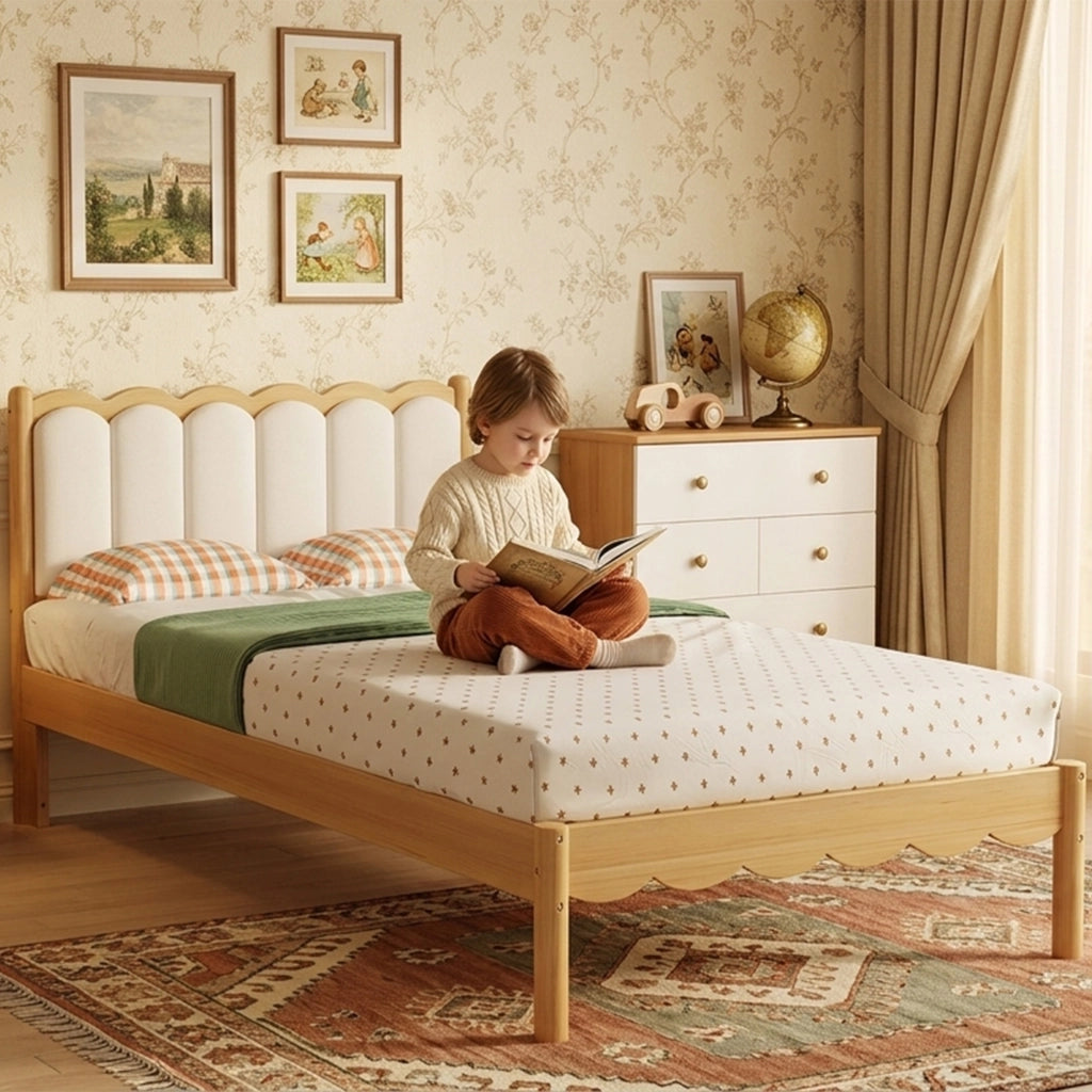 Letto singolo per bambini imbottito 90 × 200 cm con testiera in PU rete a doghe in legno beige e naturale