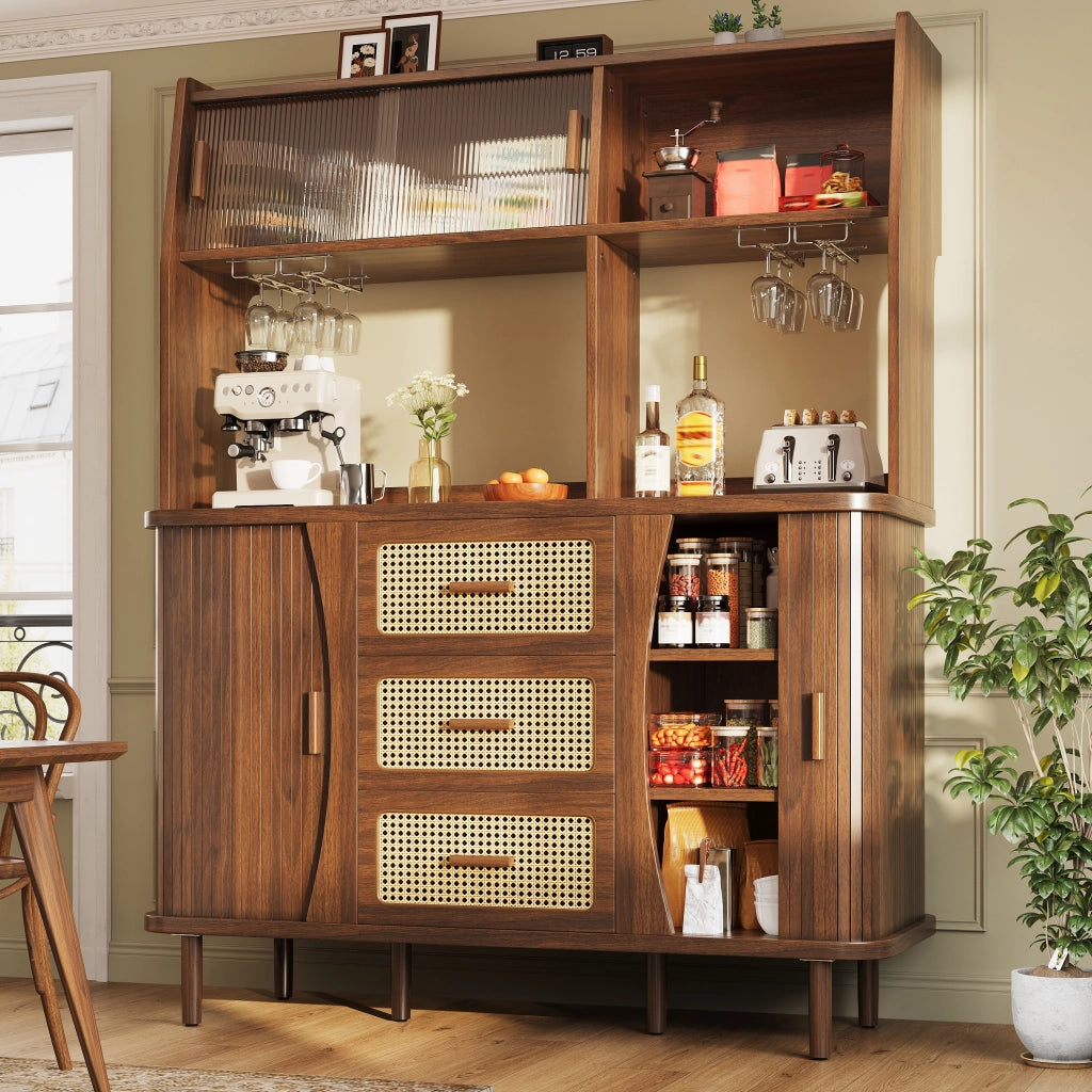 Credenza con ante scorrevoli in vetro 3 cassetti e portabicchieri MDF noce 140 × 40.5 × 174.5 cm