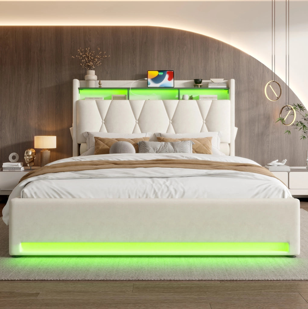Letto matrimoniale 160x200 cm in velluto beige con LED; USB Type-C e contenitore