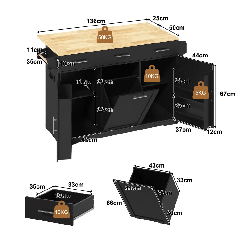 Isola da cucina mobile 136x50/75x92 cm con piano ribaltabile; prese USB; MDF nero/naturale