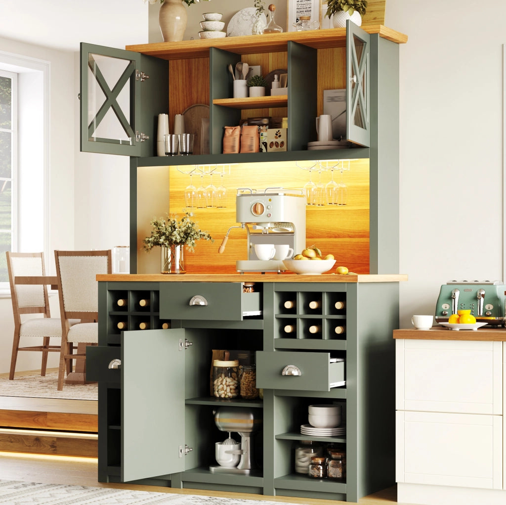 Mobile da cucina 120x45x188 cm in MDF e vetro verde con LED e contenitore