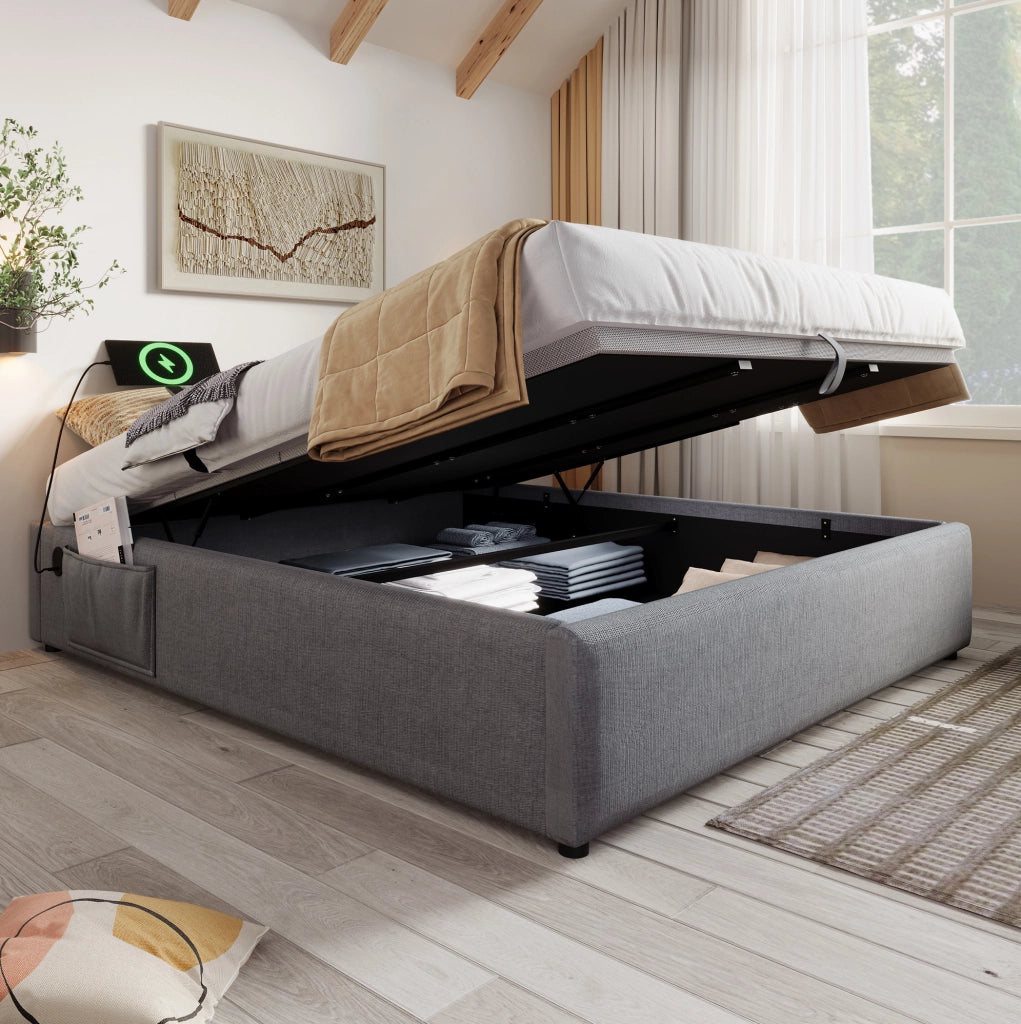 Letto matrimoniale 160x200 cm in cotone e lino grigio con vano e USB-C, senza materasso