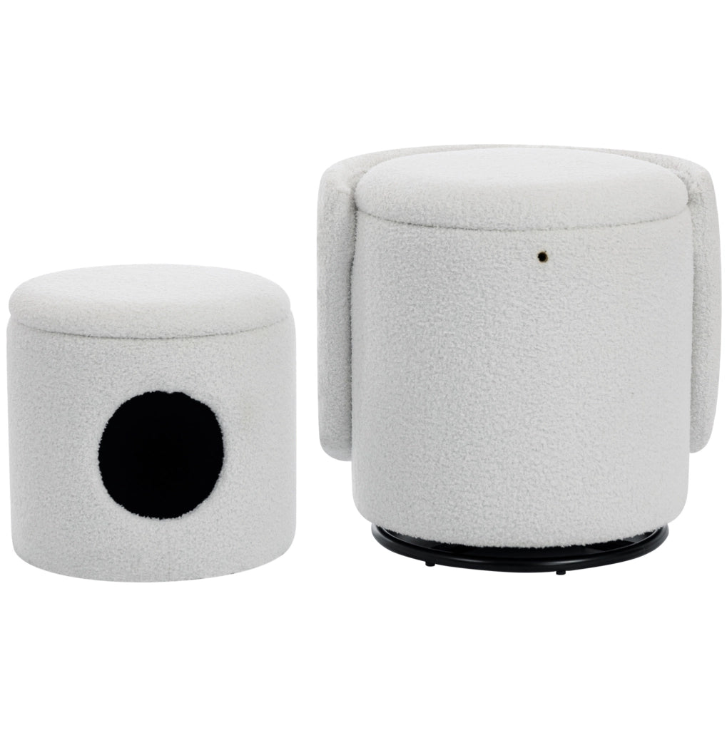 Poltroncina girevole 360° con contenitore in tessuto Teddy bianco e sgabello cuccia per gatto HOMVRA