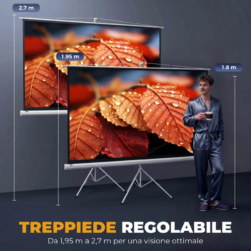 Telo Proiettore Pieghevole da 100" Formato 16:9 con Treppiede Regolabile, 235.8x8x136 cm, Bianco