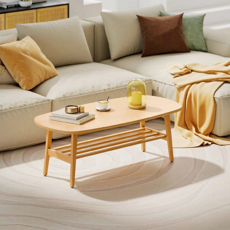 Tavolino basso fisso ovale per soggiorno con ripiano inferiore e finitura legno naturale 120 × 60 × 42 cm