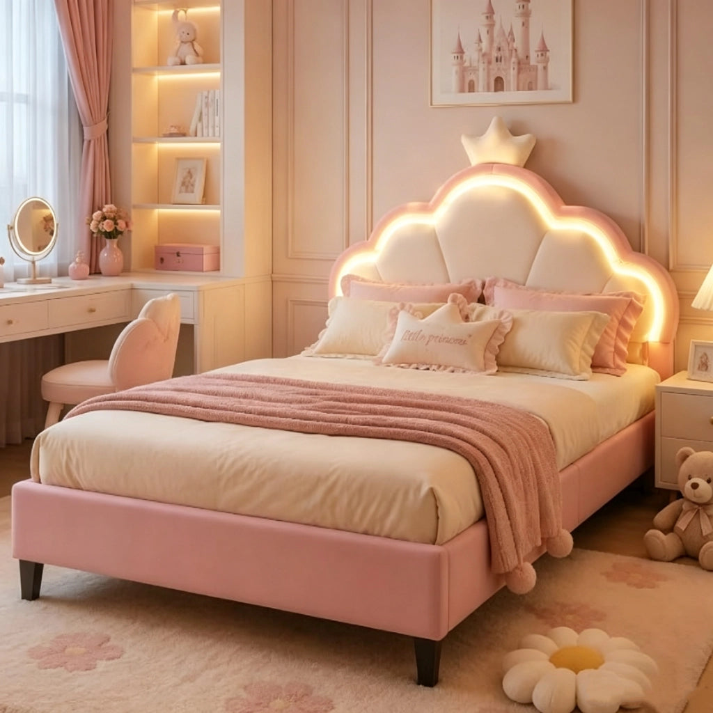 Letto imbottito per bambini 90x200cm;letto singolo Bambina a LED per bambine con design a corona e testiera regolabile;velluto;Rosa; senza materasso
