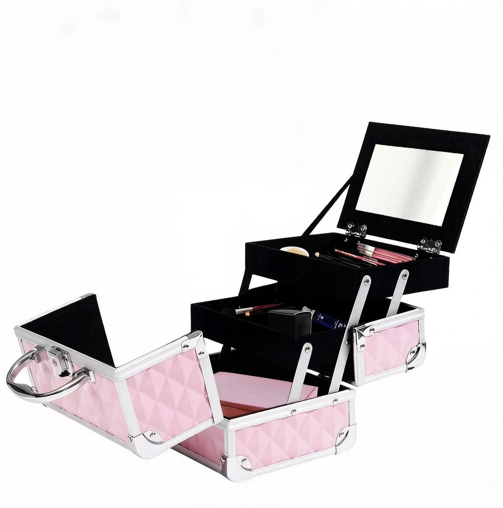 Valigetta trucco 20x15x15 cm in alluminio rosa con specchio, 3 livelli,