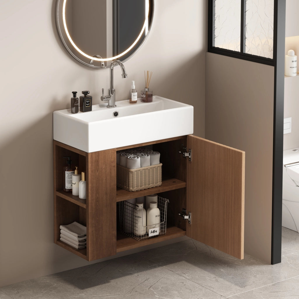 Mobile bagno sospeso bianco con lavabo in ceramica lucida 55 cm per piccoli spazi