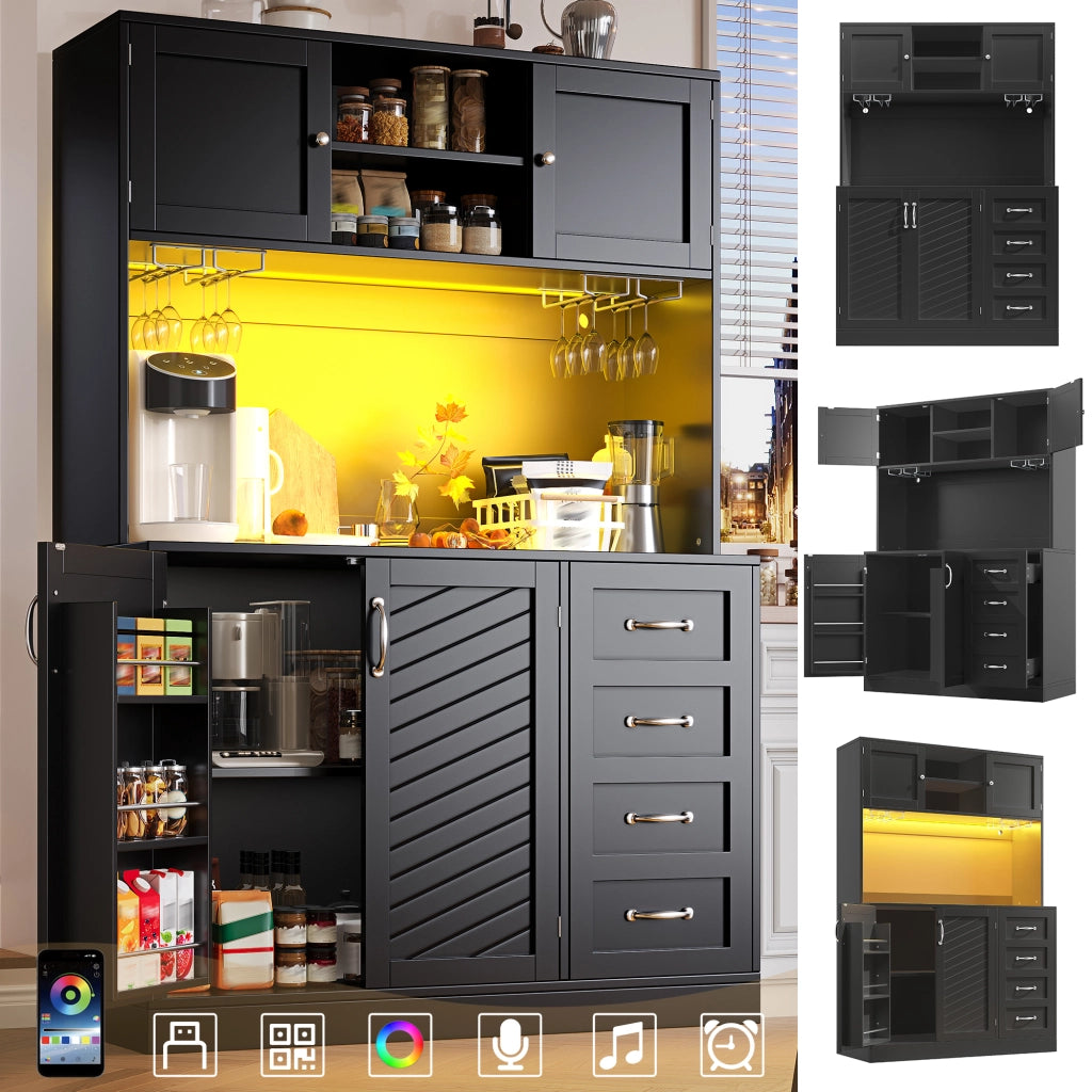 Credenza con illuminazione LED controllabile tramite app; 4 ante e portabevande in MDF nero 120 × 40 × 188 cm