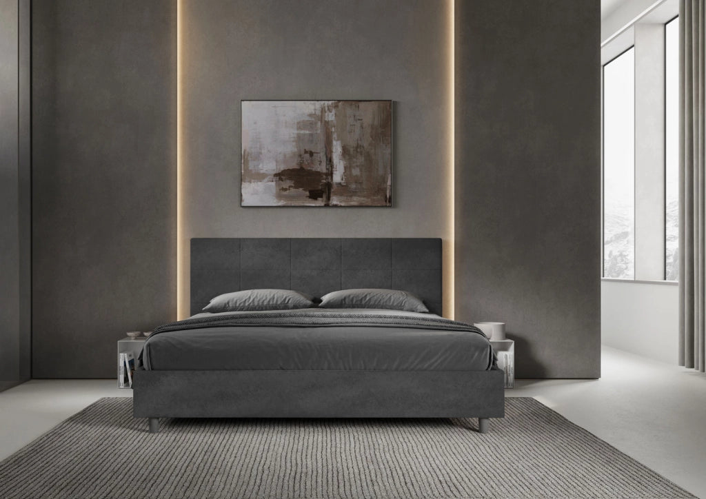 BS COM Letto matrimoniale king size senza rete imbottito 180x200 microfibra grigio