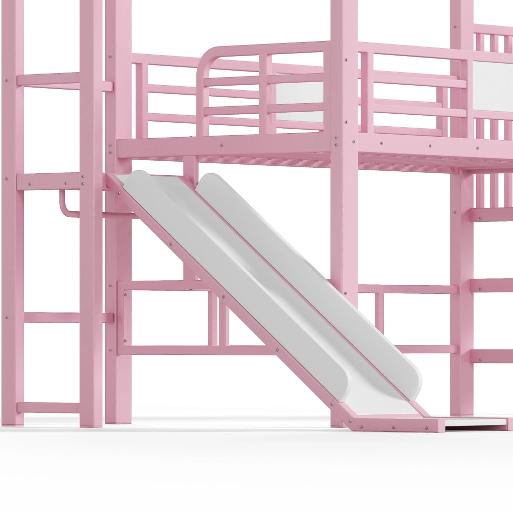 Letto a soppalco per bambini 90x200 cm a casetta con scivolo; scala contenitore e LED Bluetooth rosa HOMVRA