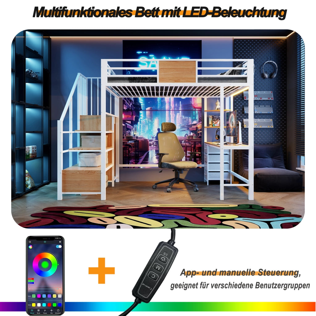 Letto a soppalco 140x200 cm per adulti con scrivania; ripiani; appendiabiti; LED e presa; metallo bianco