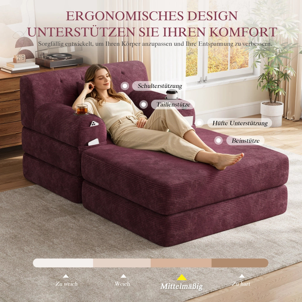 Poltrona da letto convertibile 1 con pouf; schienale alto; portabicchieri 2 e tasche laterali 4; velluto a coste; rosso vino
