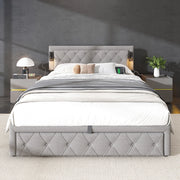 Letto matrimoniale contenitore imbottito in lino grigio con testiera a rombi luci e porte USB