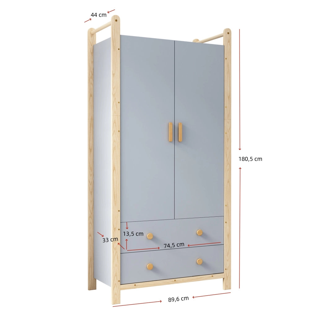 Set guardaroba combinato con ante doppie, appendiabiti e cassetti, struttura in abete, finitura blu e legno naturale, altezza 180 cm
