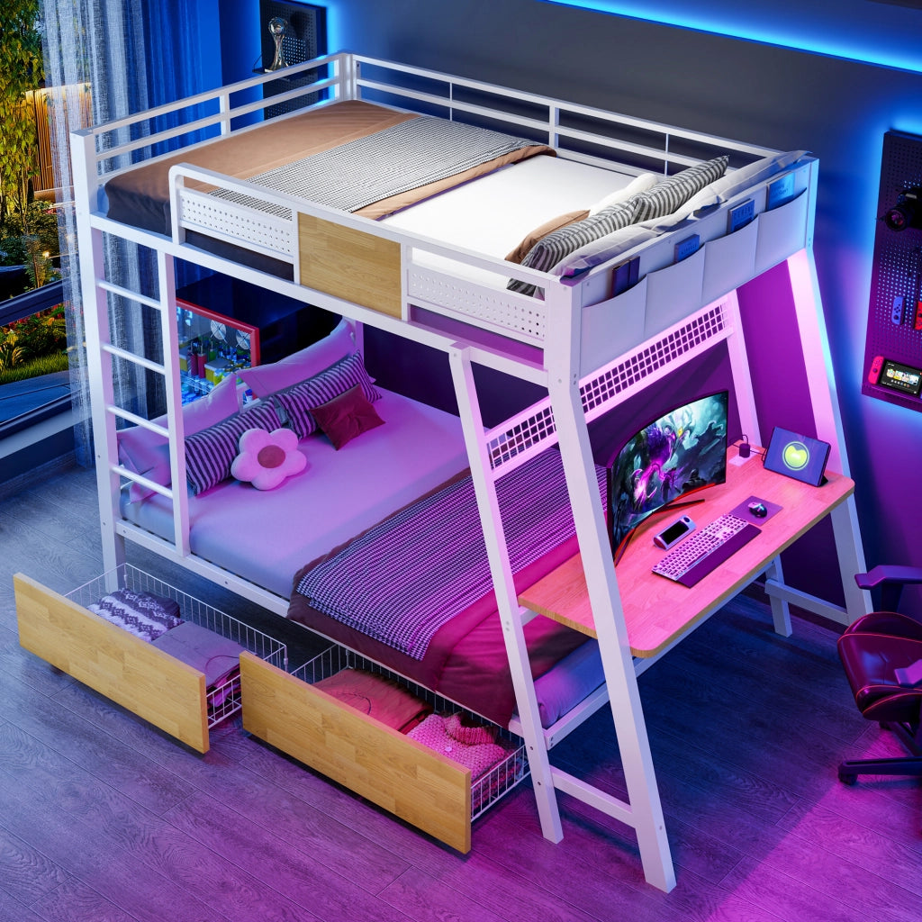 Letto a castello due posti 90 × 200 cm con scrivania; LED; prese USB e Type-C; vani portaoggetti; metallo bianco