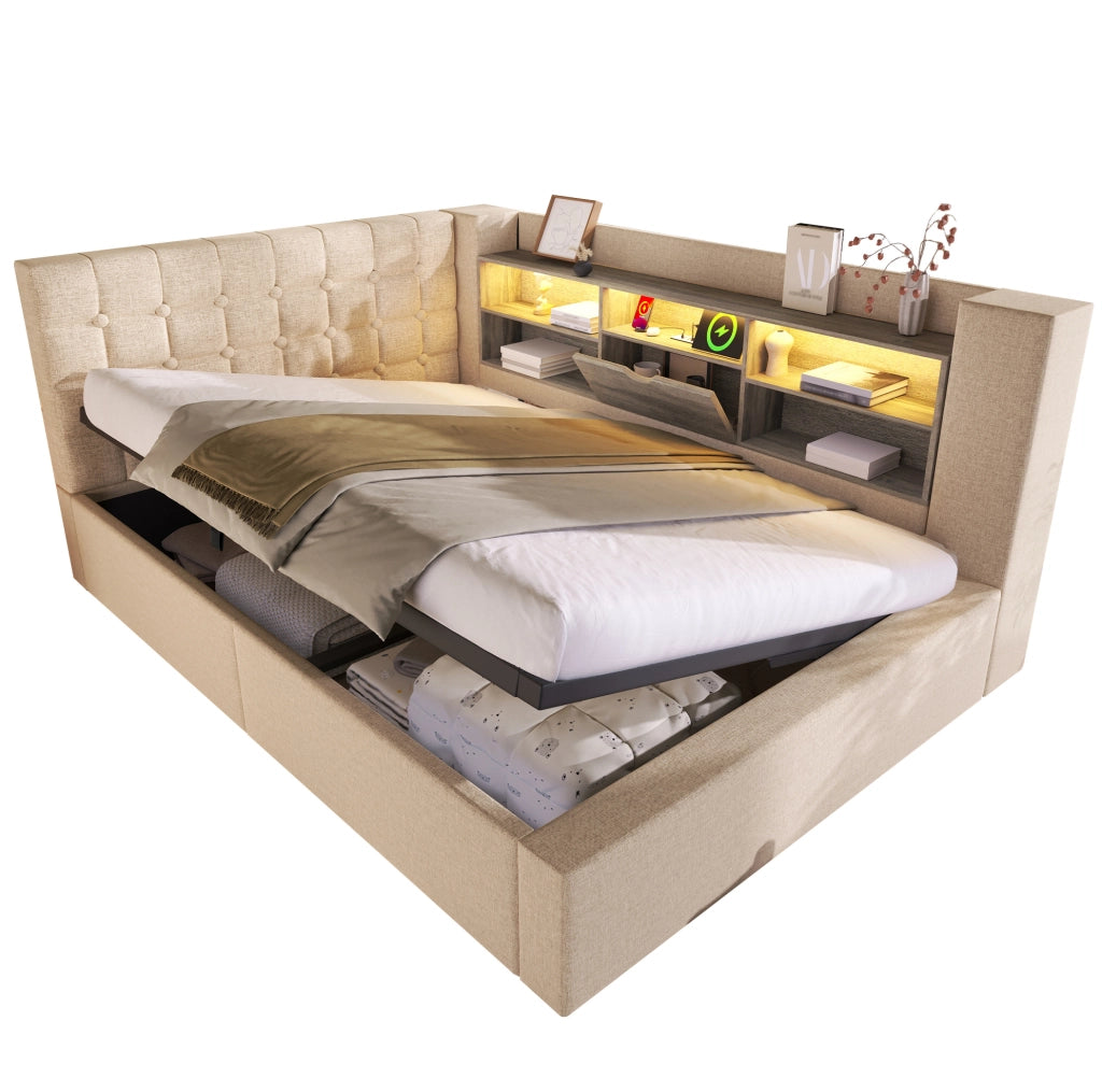 Letto imbottito 140x200 cm beige con materasso, LED, USB e contenitore