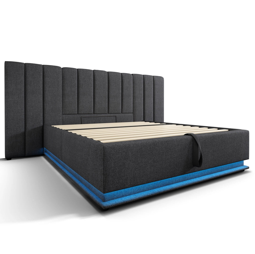 Letto matrimoniale contenitore 180x200 cm con LED; ricarica USB e materasso; grigio