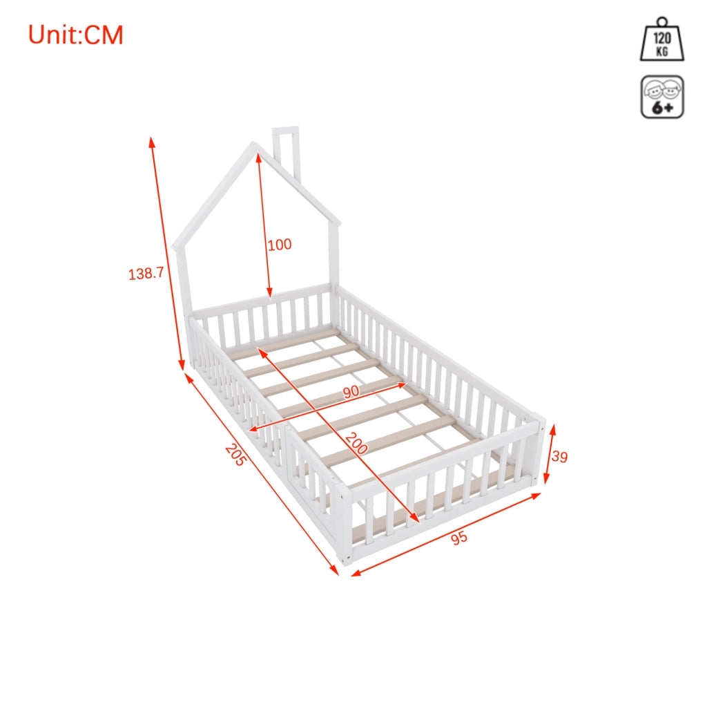 Letto a casetta con forma camino 90 x 200 cm, bianco