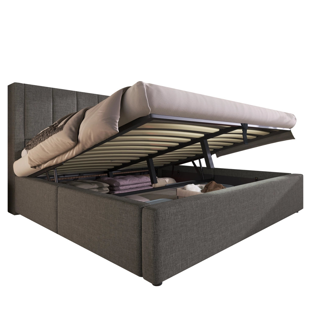 Letto matrimoniale imbottito 180 × 200 cm con contenitore idraulico lino grigio ricarica USB e portabicchieri