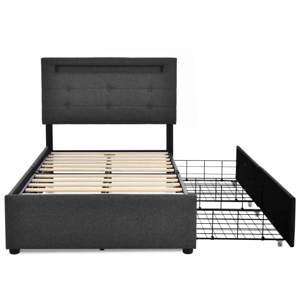 Letto singolo 90x200 cm con LED, 2 cassetti e rivestimento in lino grigio
