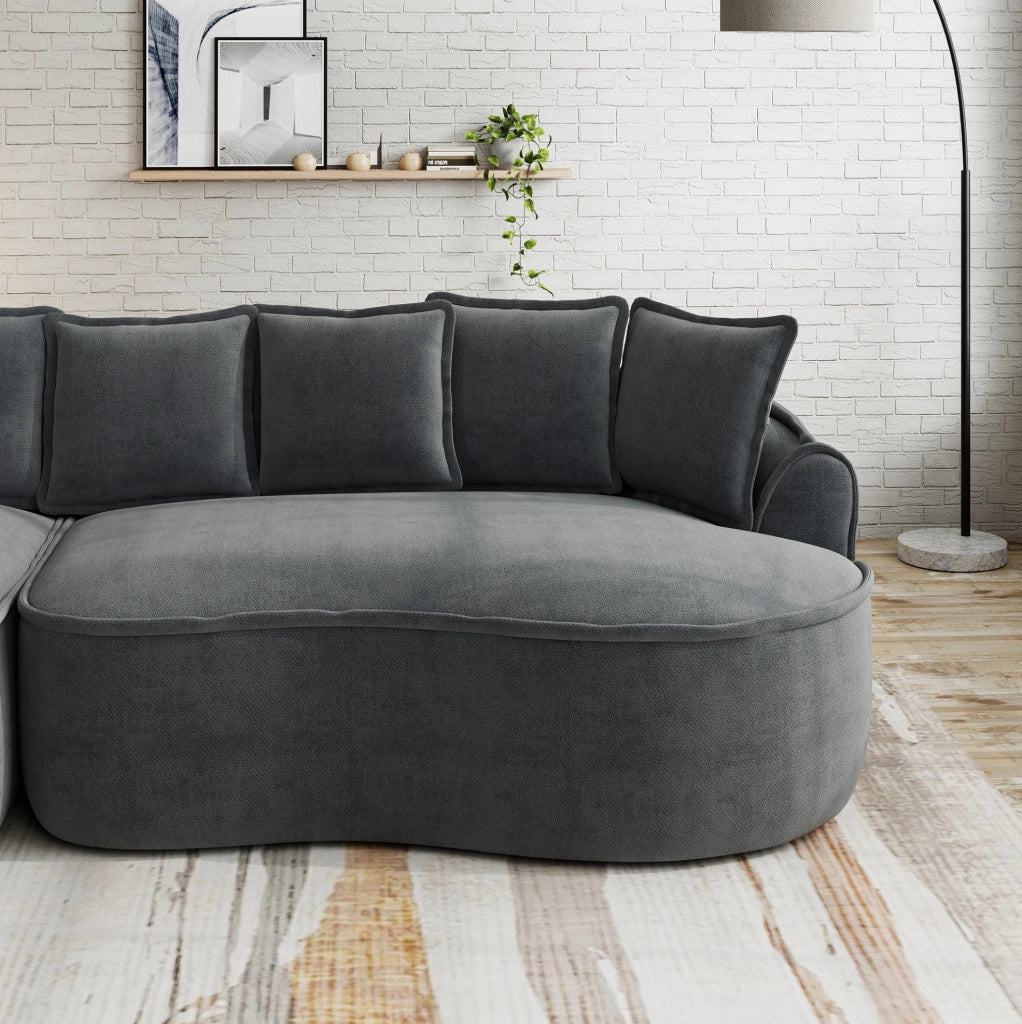 Divano modulare quattro posti in tessuto chenille grigio, senza struttura, dimensioni extra large con chaiselongue profonda e cuscini inclusi