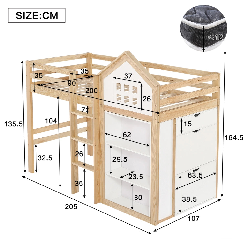 Letto a soppalco per bambini con cassetti e vani 90 x 200 cm