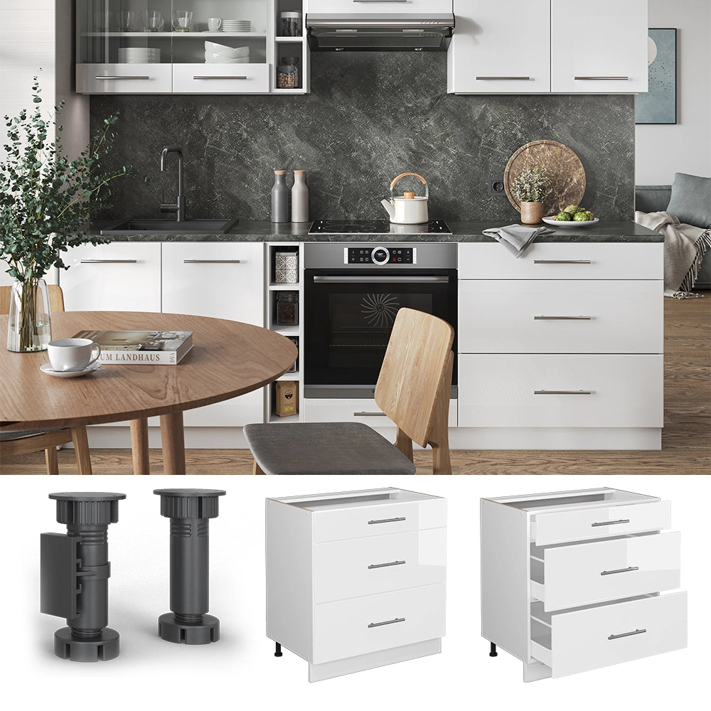Vicco Mobiletto base per cucina Bianco lucido/Bianco 80 cm con 3 cassetti, senza piano di lavoro