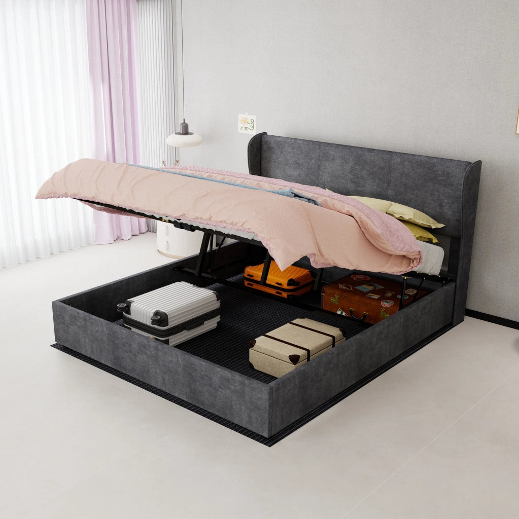 Letto contenitore 160x200 cm in tessuto e metallo grigio, base sollevabile –