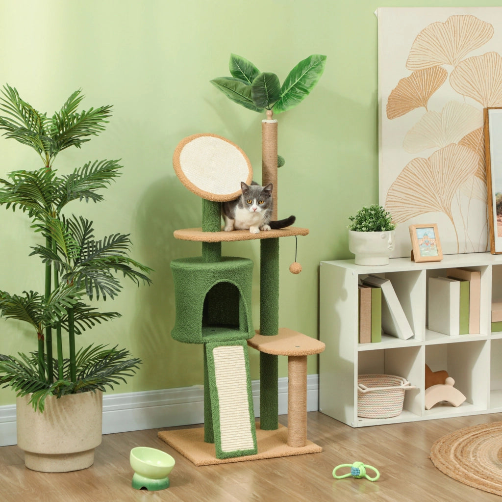 Tiragraffi verde 139 cm con cuccia, rampa e giochi per gatti