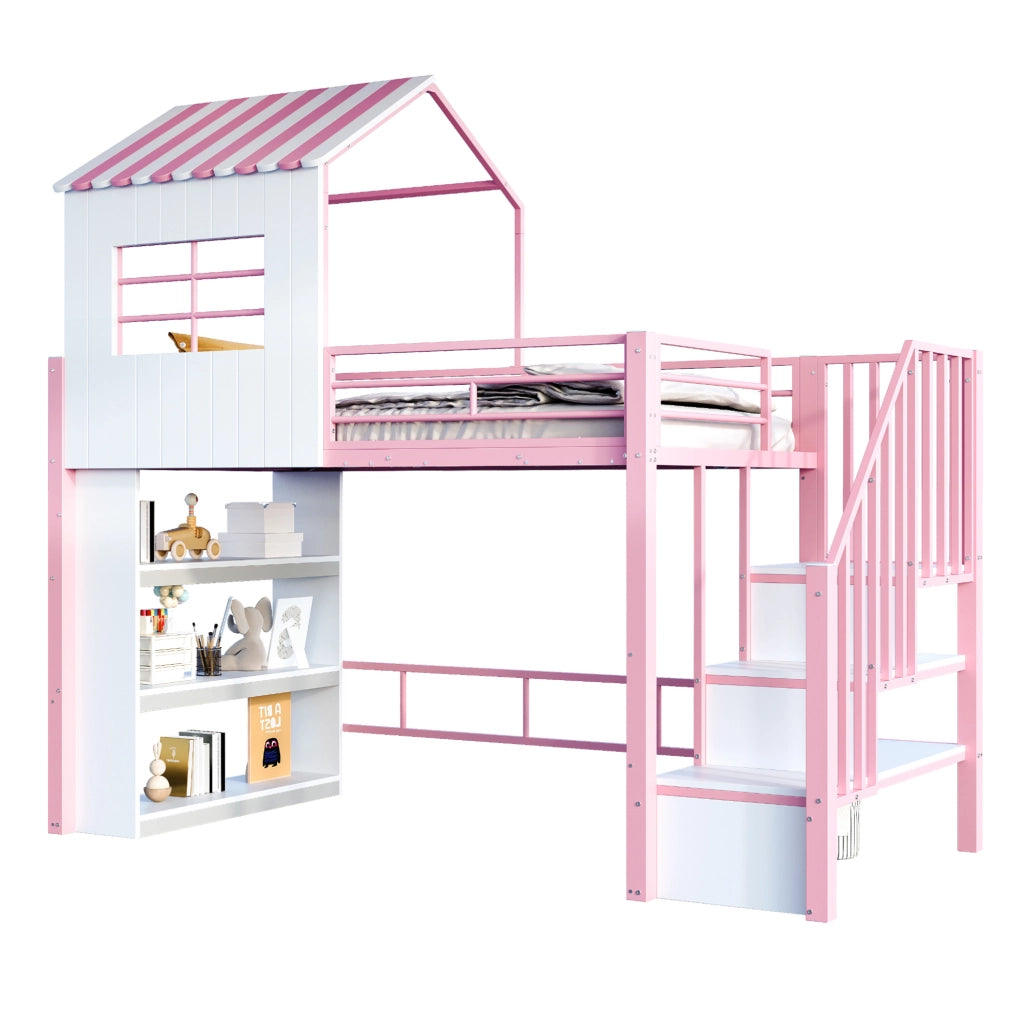 Letto a soppalco in ferro 90x200 cm con sponda alta, scala sicura reversibile e scaffalatura multi-livello, colore rosa