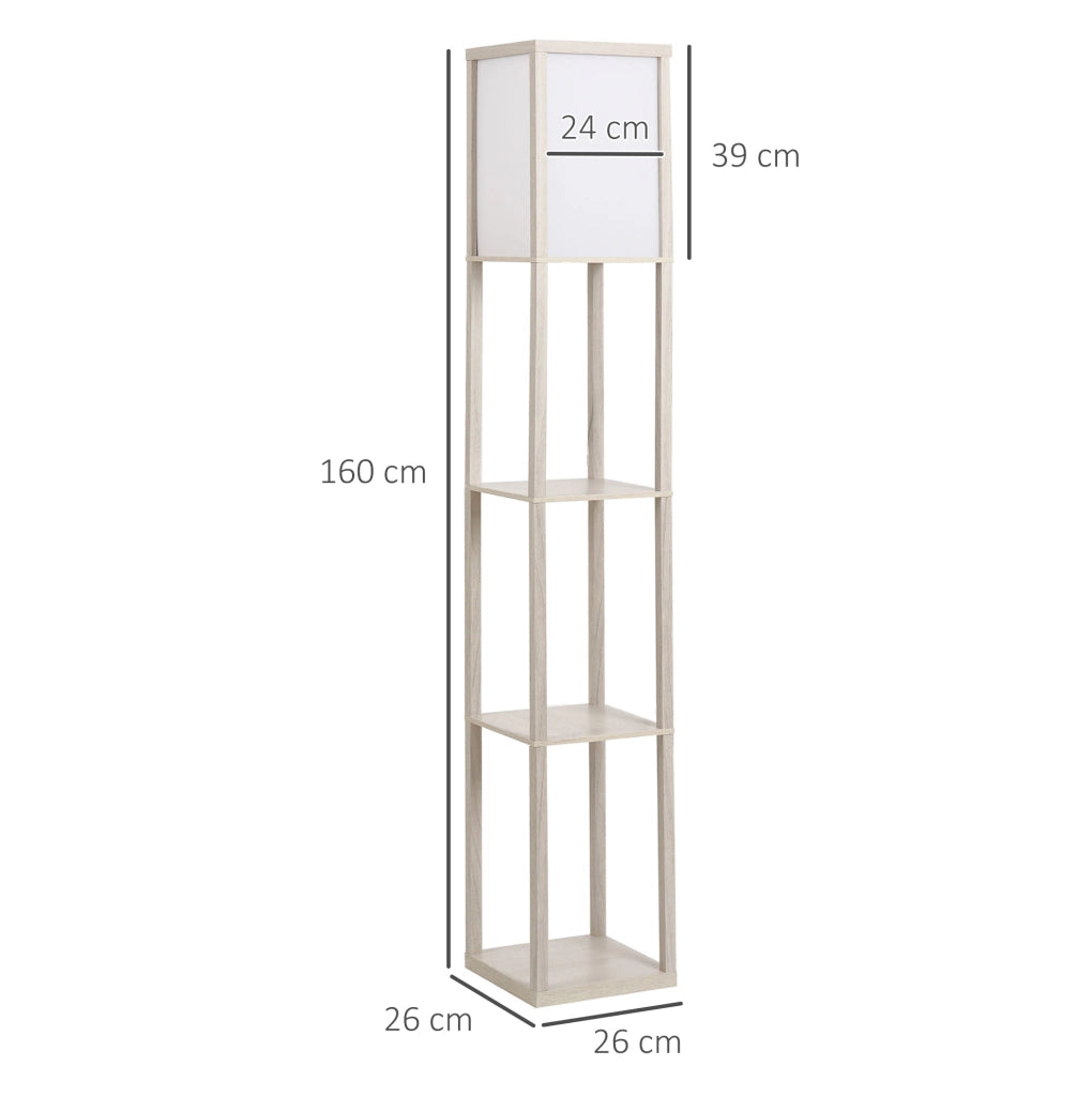 Lampada da Terra con 3 Ripiani in MDF E1 e Acrilico, 26x26x160 cm, Portalampada E27, Colore Quercia e Bianco