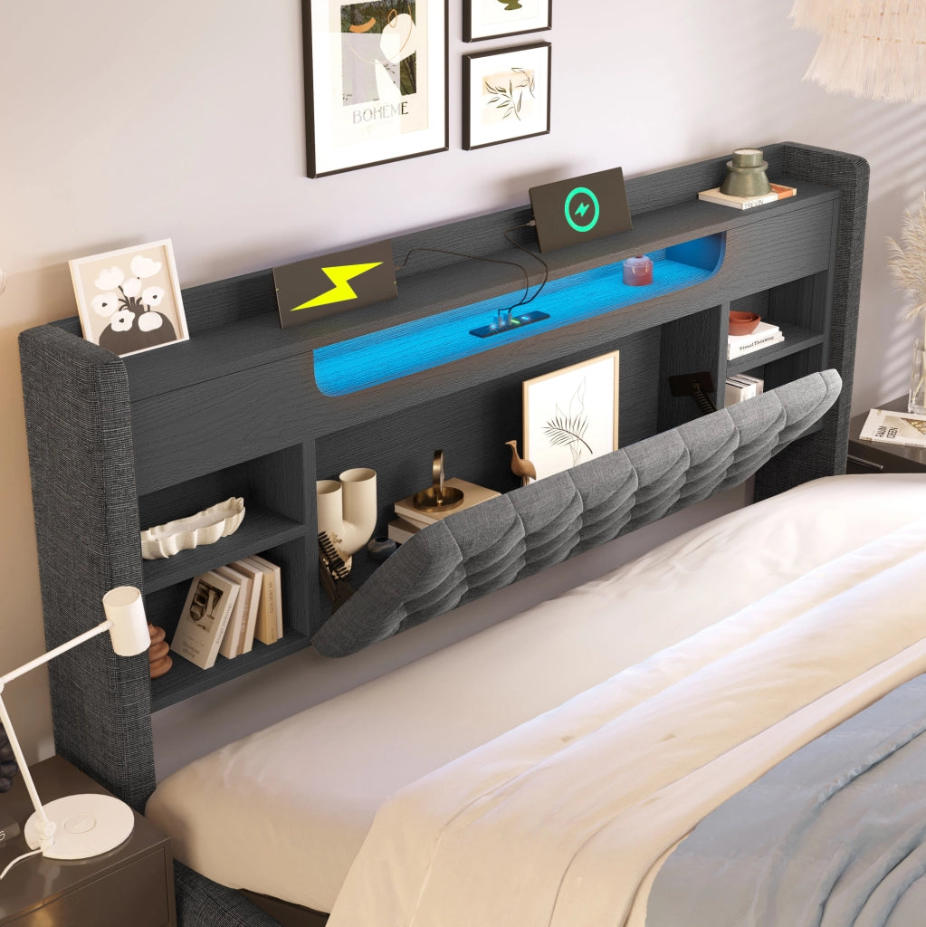 Letto matrimoniale 140x190 cm con contenitore idraulico; LED e ricarica USB/USB-C grigio HOMVRA