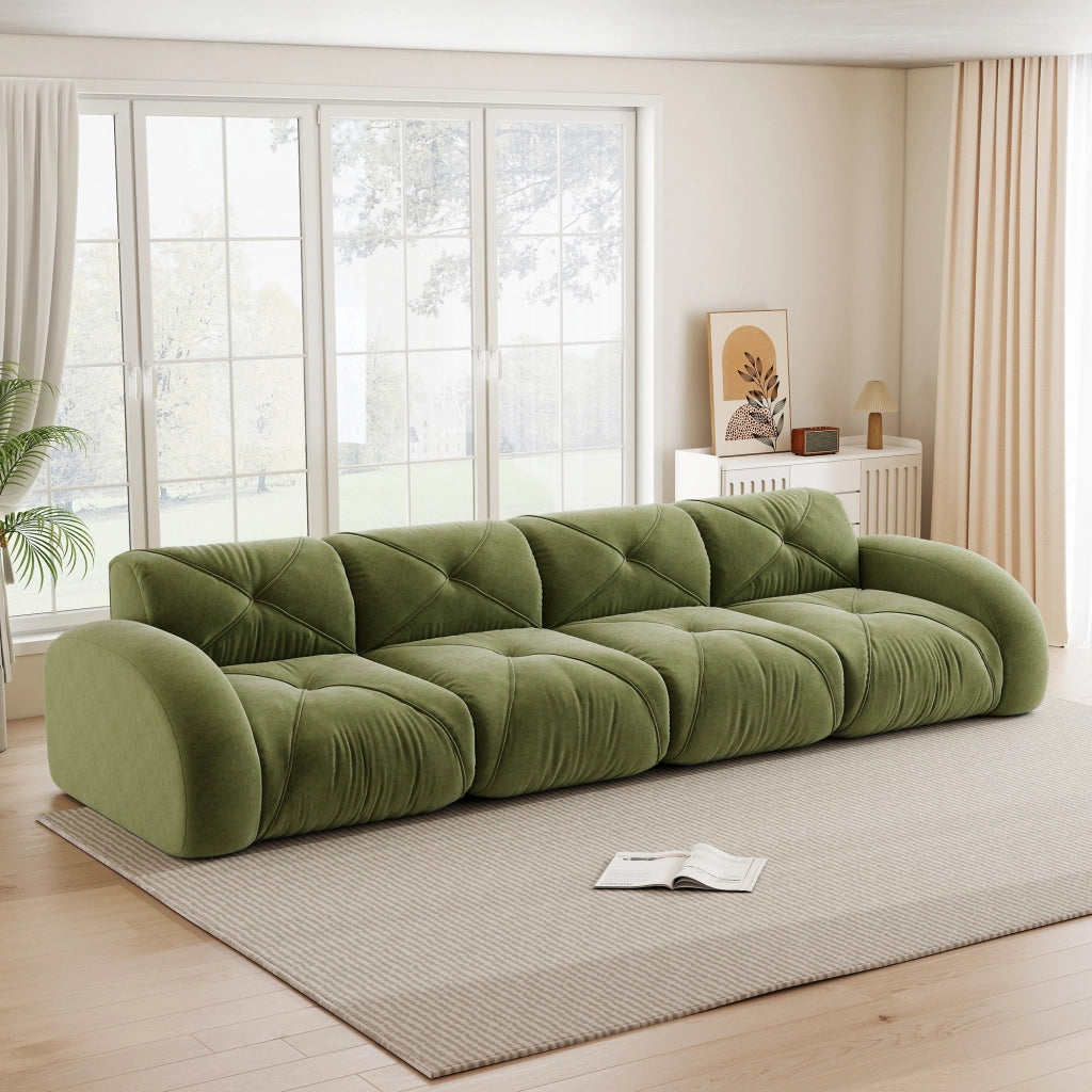 Divano modulare senza struttura in ciniglia verde con schiuma ad alta densità 76 × 358 × 95 cm