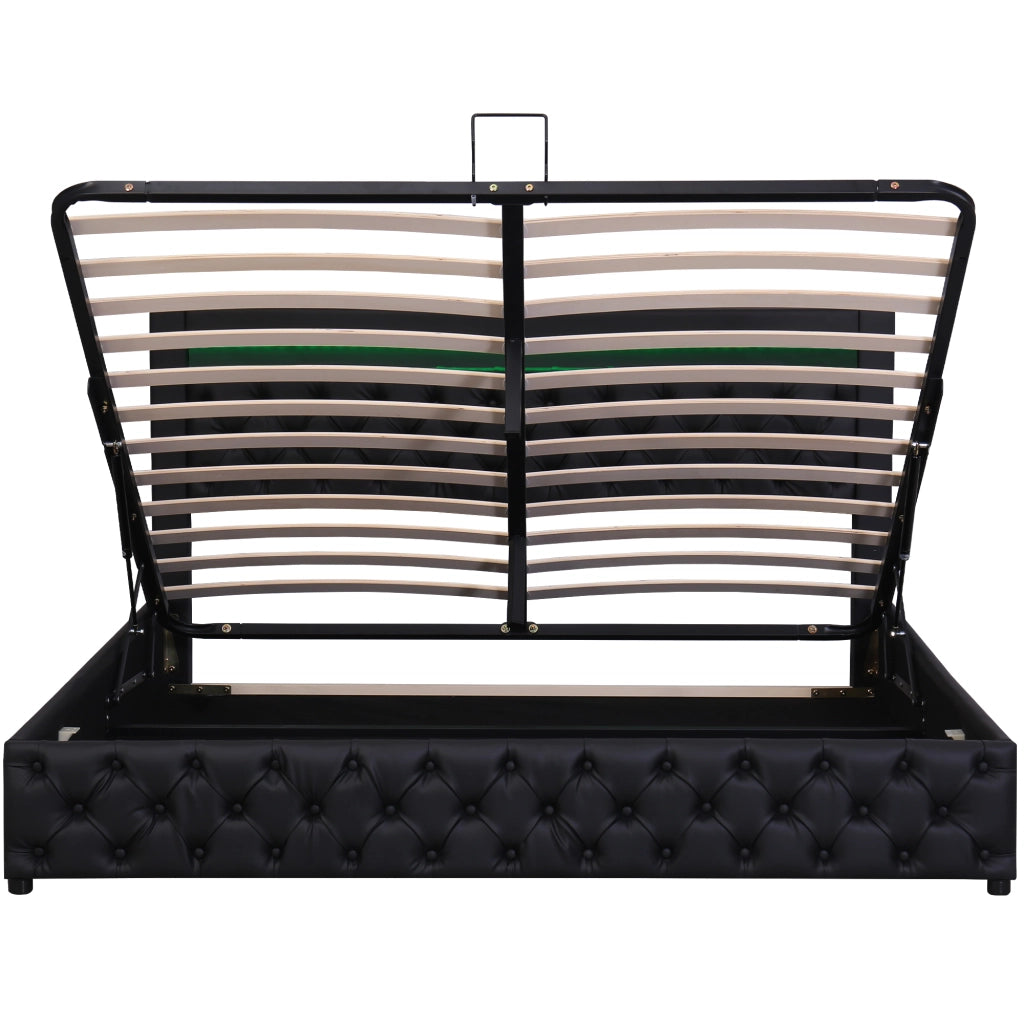 Letto imbottito 140x200 cm con contenitore e LED; in PU nero