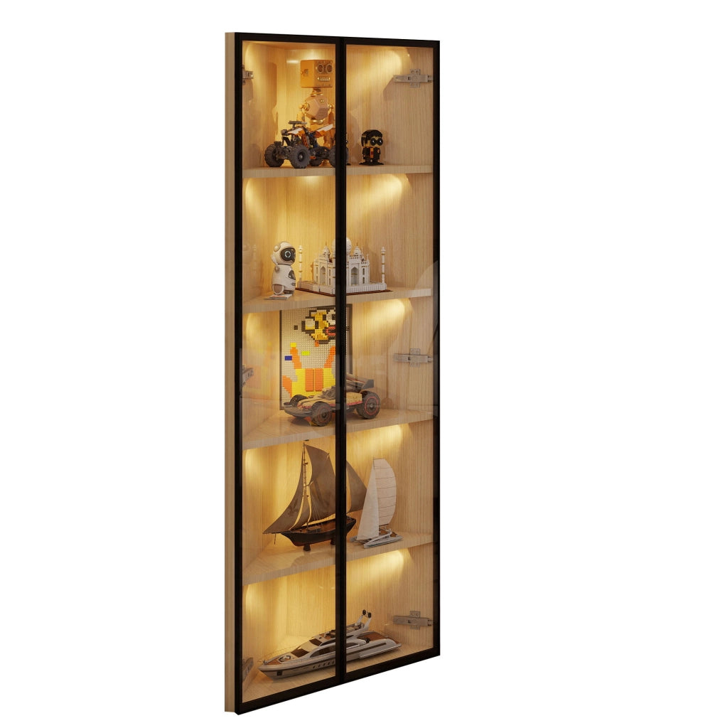 Vetrina angolare 62x35x160 cm con LED; vetro temperato e MDF effetto rovere